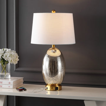 Reese Contemporary Style Iron/Glass LED Table Lamp with USB Charging Port - JONATHAN Y